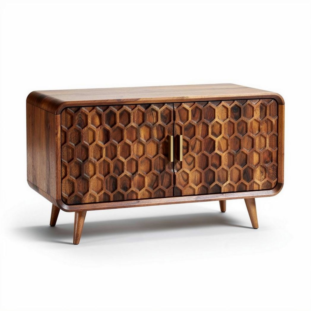Meuble de rangement en bois de sheesham avec motifs en nid d'abeille 50 x 30 x 40cm
